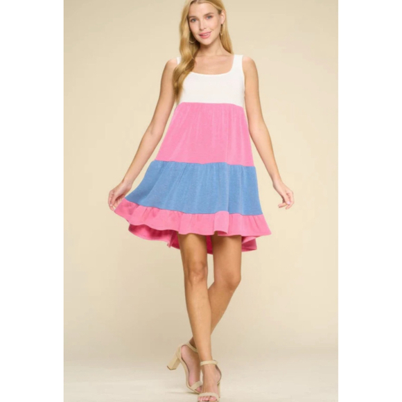 EMERALD Dresses & Skirts - Emerald Colorblock Tiered Mini Dress White Pink Blue S